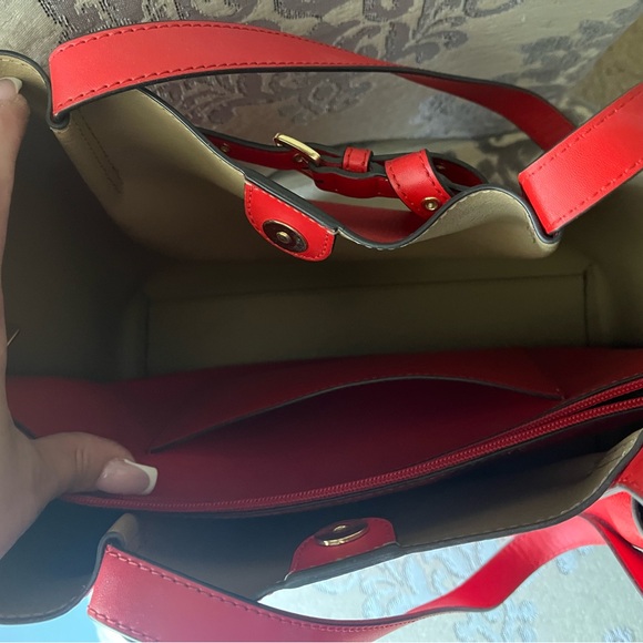 Michael Kors Red Pebbled Leather Tote with Buckle Strap - Picture 3 of 6